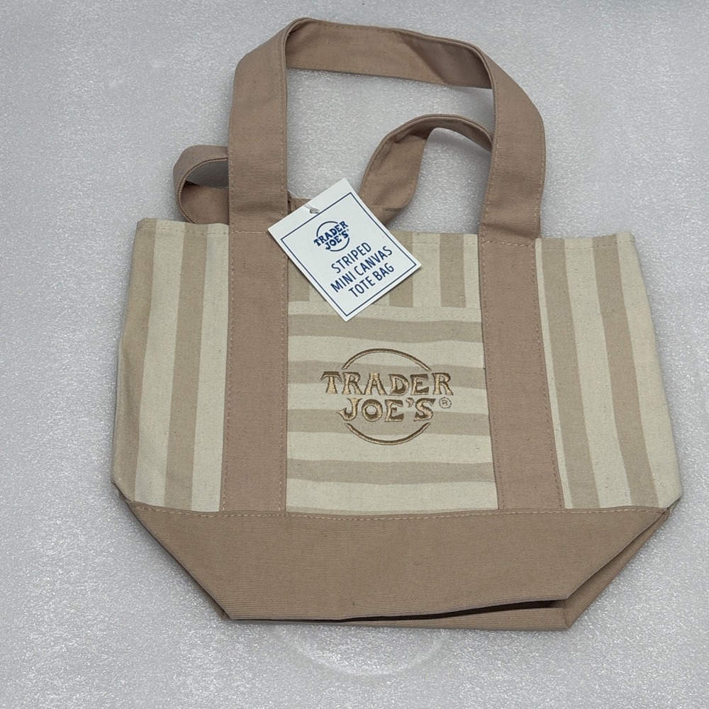 New Trader Joe's Mini tan summer 2026 Striped Canvas Tote Bag‎